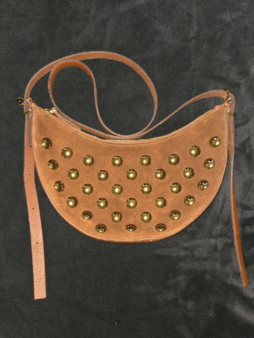 Madewell Tan Suede Crescent Crossbody with Gold Studs